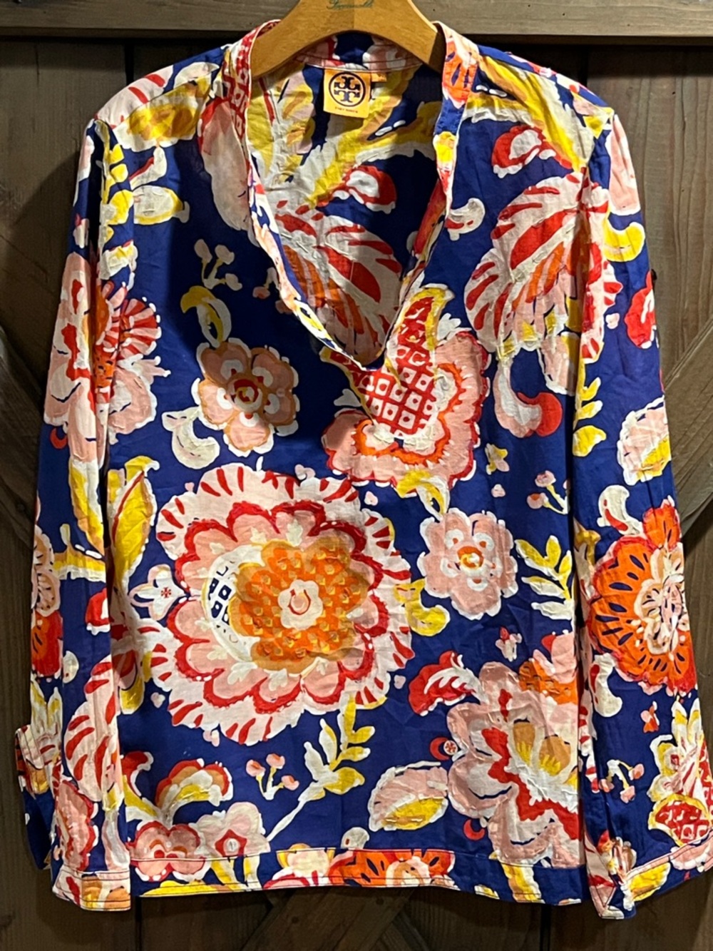 Tory Burch Stephanie Tunic 12 Blue red Floral Sequin Embellished Bell Sleeve top
